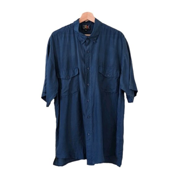 Stone Silks Other - Vtg Stone Silks Shirt Mens L Teal SS Lightweight Button Down Pockets Boho Retro